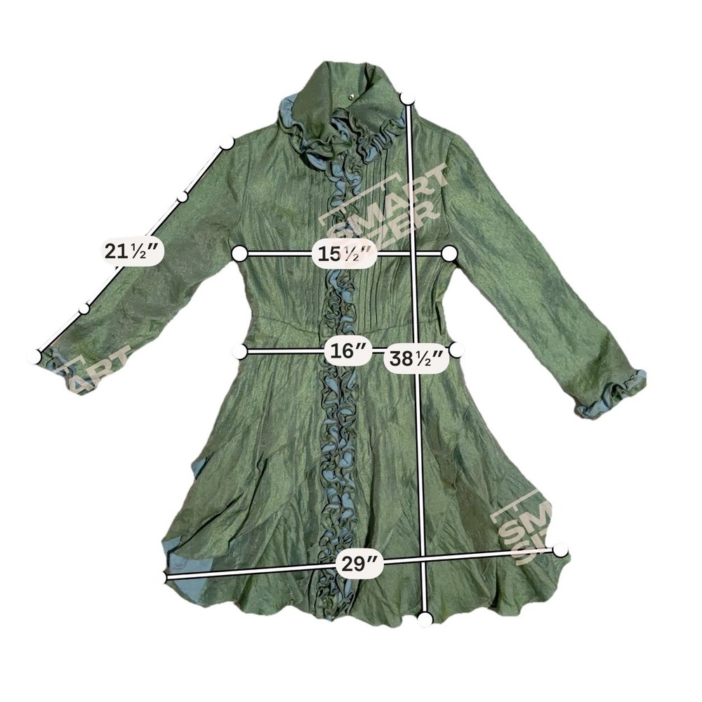 Samuel Dong Green Lagenlook Jacket Coat Dress Ruffle Trim Taffeta Avant Garde Sm - Picture 10 of 10